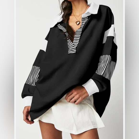 graceful bloom Sweaters - Graceful bloom, boutique - Black Striped Colorblock Patchwork Collar Sweatshirt